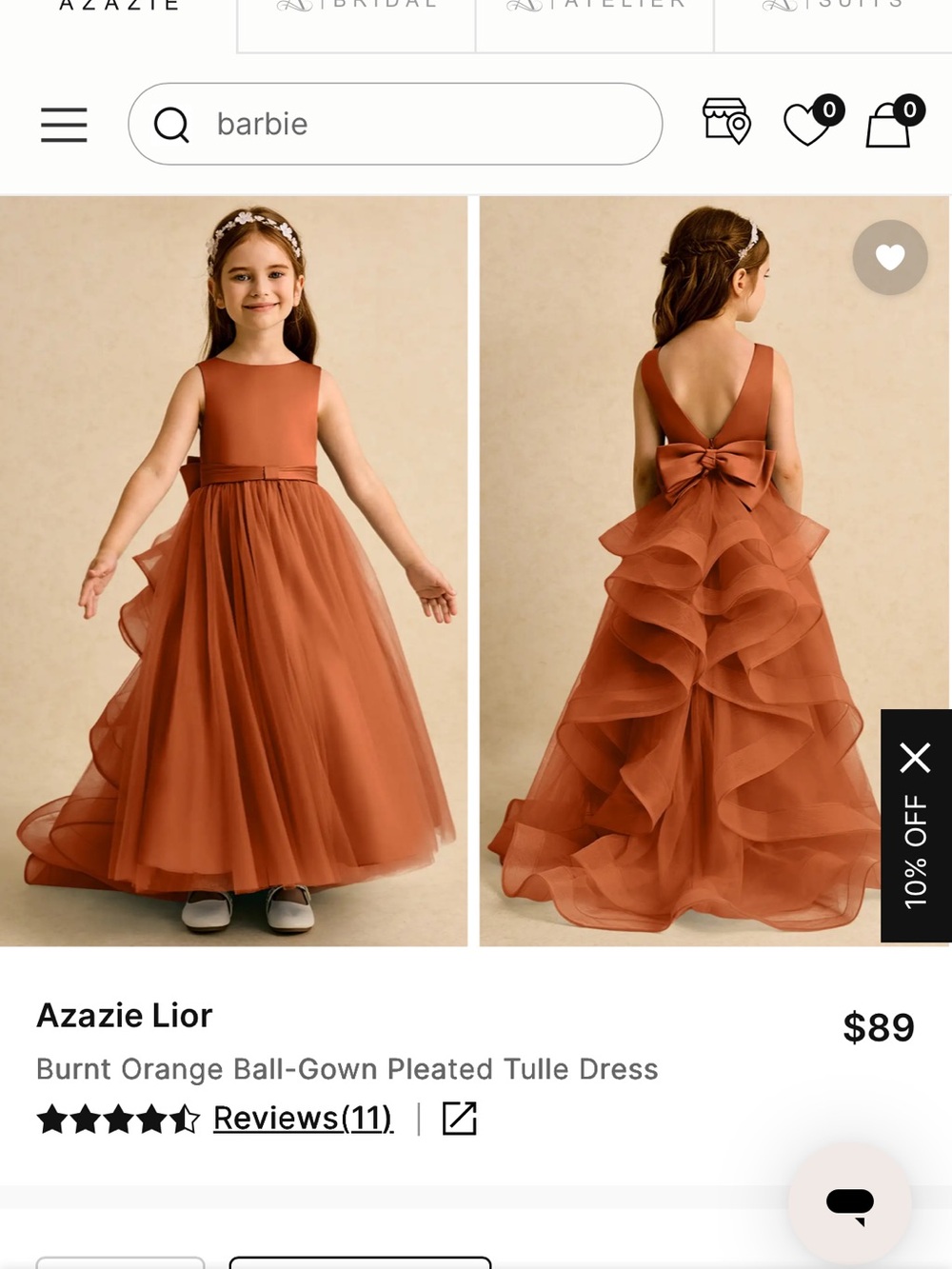 Azazie Burnt Orange Girls Pleated Tulle Ball Gown